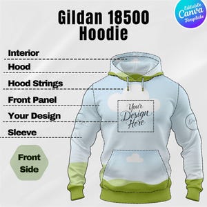 May include: A white Gildan 18500 hoodie with a light blue sky and green landscape design. The hoodie features a front pocket, hood, and sleeve details. The text "Your Design Here" is displayed on the front panel. The image also includes the text "Gildan 18500 Hoodie".
