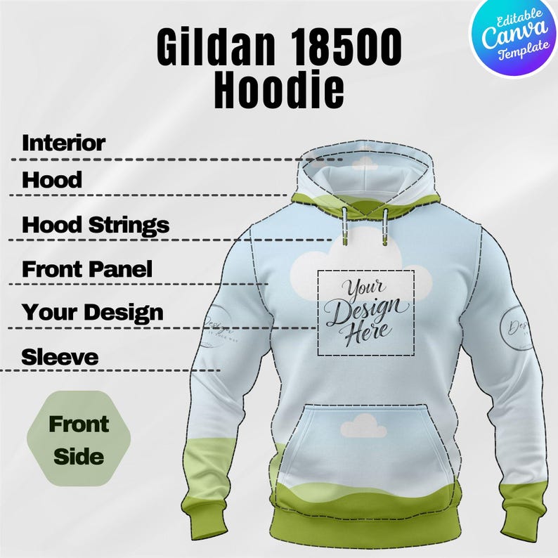May include: A white Gildan 18500 hoodie with a light blue sky and green landscape design. The hoodie features a front pocket, hood, and sleeve details. The text "Your Design Here" is displayed on the front panel. The image also includes the text "Gildan 18500 Hoodie".