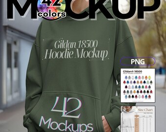 Gildan 18500 Hoodie Mockup Bundle, 42 Colors, No Drawstrings (PNG)