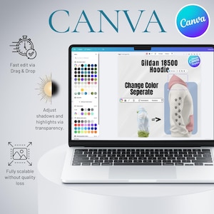 May include: A laptop displays the Canva interface, showcasing design features. Text highlights fast editing, shadow adjustments, and scalability. The screen shows a hoodie design with color change options. The Canva logo is visible.