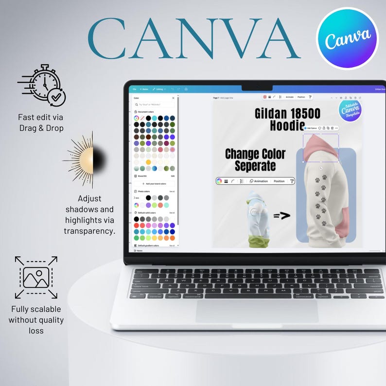 May include: A laptop displays the Canva interface, showcasing design features. Text highlights fast editing, shadow adjustments, and scalability. The screen shows a hoodie design with color change options. The Canva logo is visible.