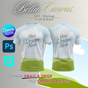 Canva Drag and Drop Template Bella Canvas T-Shirt Mockup, Photoshop Smart Object PSD Canva Template editable, T-Shirt Front and Back Mockup