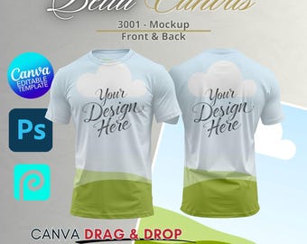 Könnte beinhalten: Ein Mockup eines Bella Canvas 3001 T-Shirts, Vorder- und Rückansicht. Das Shirt ist weiß mit einem hellblauen Oberteil und einem grünen Unterteil. Der Text "Your Design Here" ist auf der Vorder- und Rückseite aufgedruckt. Das Bild enthält Canva- und Photoshop-Symbole sowie den Text "CANVA DRAG & DROP PSD SMART OBJECTS".