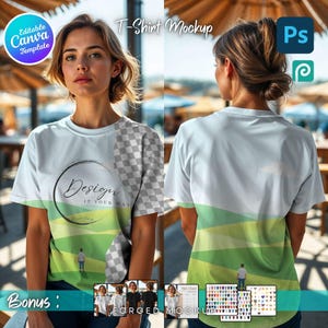 Beach Day canvas T-shirtmodel – Bella Canvas 3001 voor- en achterkant – vrouwelijk model met paraplu – PSD en slim object inbegrepen en meer
