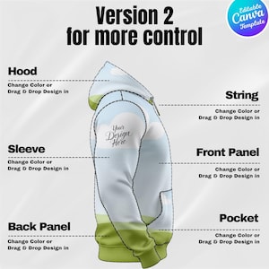 May include: A side view of a hoodie with a sky and cloud design. The hoodie has a hood, sleeve, front panel, back panel, pocket, and string. The text "Your Design Here" is on the sleeve. The image also includes the text "Version 2 for more control."
