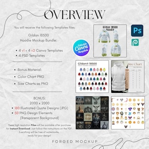 May include: An overview graphic for a Gildan 18500 hoodie mockup bundle. The image includes templates, bonus materials like color charts and size charts, and design elements. The text includes "Overview", "Canva Template", and "PSD".