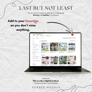 May include: A laptop displays a website with product mockups. The screen shows various product images, including t-shirts. Text on the screen reads "MOCKUP BUNDLE." The image also includes the text "LAST BUT NOT LEAST" and "Add to your favorites."