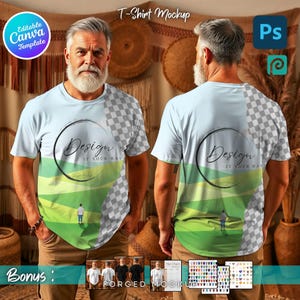Modello di maglietta drag-and-drop Bella Canvas 3001 / Modello di mockup Canva / Viste anteriore e posteriore, incluso mockup PSD e altro