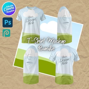 以下が含まれることがあります： 4つのビューを備えた、水色のTシャツモックアップバンドル。シャツは雲のデザインで、「Your Design Here」の文字が入っています。「T-Shirt Mockup Bundle」の文字も表示されています。CanvaとPhotoshopのアイコンが含まれています。