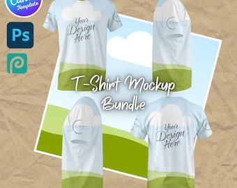 Könnte beinhalten: Ein hellblaues T-Shirt-Mockup-Bundle mit vier Ansichten. Die Shirts haben ein Wolken-Design und den Text "Your Design Here". Die Worte "T-Shirt Mockup Bundle" sind ebenfalls sichtbar. Enthält Canva- und Photoshop-Symbole.