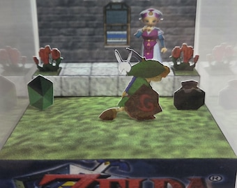 Diorama del patio del castillo de Zelda de Ocarina of Time.
