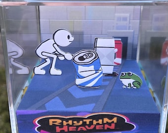 Rhythm Heaven Groove: Can Do! Diorama | Video Game Pixel Art Decoration | Gift for Gamers | Fanmade Papercraft 3D Shadowbox Cube Display