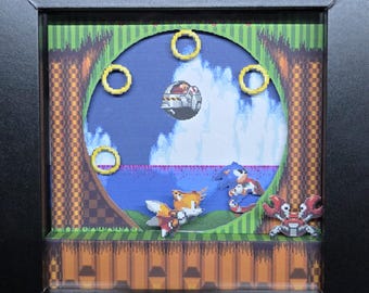 Sonic the Hedgehog 2: Eggman! Shadow Box | Video Game Pixel Art Decoration | Gift for Gamers | Fanmade Papercraft Wall Frame 3D Display