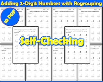 2-Digit Addition with Regrouping Worksheets Bundle with Answer Key for 2nd Grade