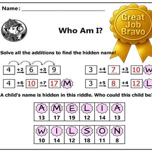 Puede incluir: Una hoja de trabajo imprimible con un tema de detective. La hoja de trabajo tiene un acertijo para resolver sumando números para encontrar un nombre oculto. El nombre es Amelia o Wilson. La hoja de trabajo tiene una estrella dorada con el texto "Great Job Bravo".