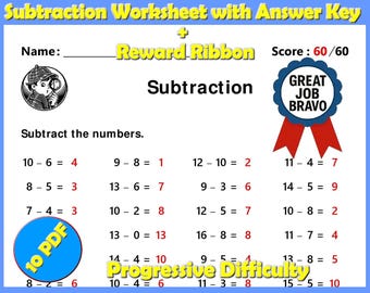 Printable Math Worksheets Bundle with Answers + Reward Ribbon – 1 & 2 Digit Subtraction Activities, For 1st Grade 2nd Grade