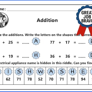 2 Digit Number Addition Riddle Game Worksheets Bundle for 1st & 2nd Grade