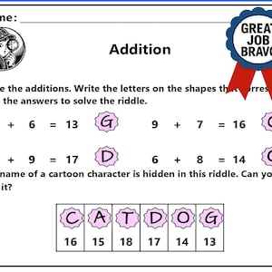 Paquete de hojas de trabajo de suma de 1 y 2 dígitos con clave de respuestas / Actividades matemáticas divertidas e imprimibles de primer grado / Acertijos matemáticos de dibujos animados
