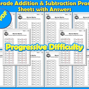 Puede incluir: Una colección de hojas de trabajo imprimibles para estudiantes de 1er grado, centradas en la práctica de la suma y la resta. Las hojas de trabajo están diseñadas con niveles de dificultad progresivos e incluyen respuestas. La imagen presenta el texto "10 PDF" y "Progressive Difficulty".