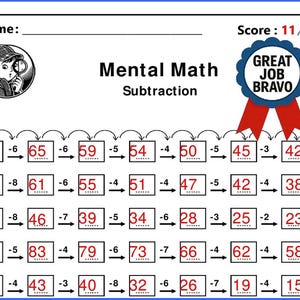 May include: A white worksheet with mental math subtraction problems. The worksheet includes a cartoon detective, the text "Mental Math Subtraction", and a "Great Job Bravo" ribbon. The score is 11/11.