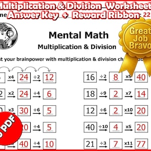 May include: A white worksheet with red borders featuring multiplication and division problems. The title reads "Multiplication & Division Worksheet." Includes a "Great Job Bravo" ribbon and a red circle with "10 PDF" text.
