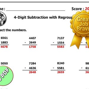 May include: A white worksheet with math problems for 4-digit subtraction with regrouping. The worksheet includes a score of 20/20 and a gold medal that says "Great Job Bravo". A green circle with "10 PDF" is also present.