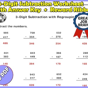 May include: A white worksheet with 3-digit subtraction problems, an answer key, and a reward ribbon. The worksheet includes the text "3-Digit Subtraction Worksheet with Answer Key + Reward Ribbon". A blue circle with "10 PDF" is in the lower left corner.