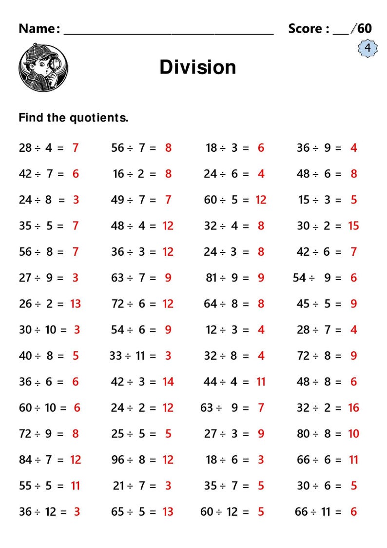10 Printable Division Facts Worksheets Bundle With Answers – 3rd & 4th ...