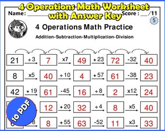 4 Operations Math Worksheets Bundle with Answer Key - Addition Subtraction Multiplication Division Practice for Kids - Grade 3 Math Activity