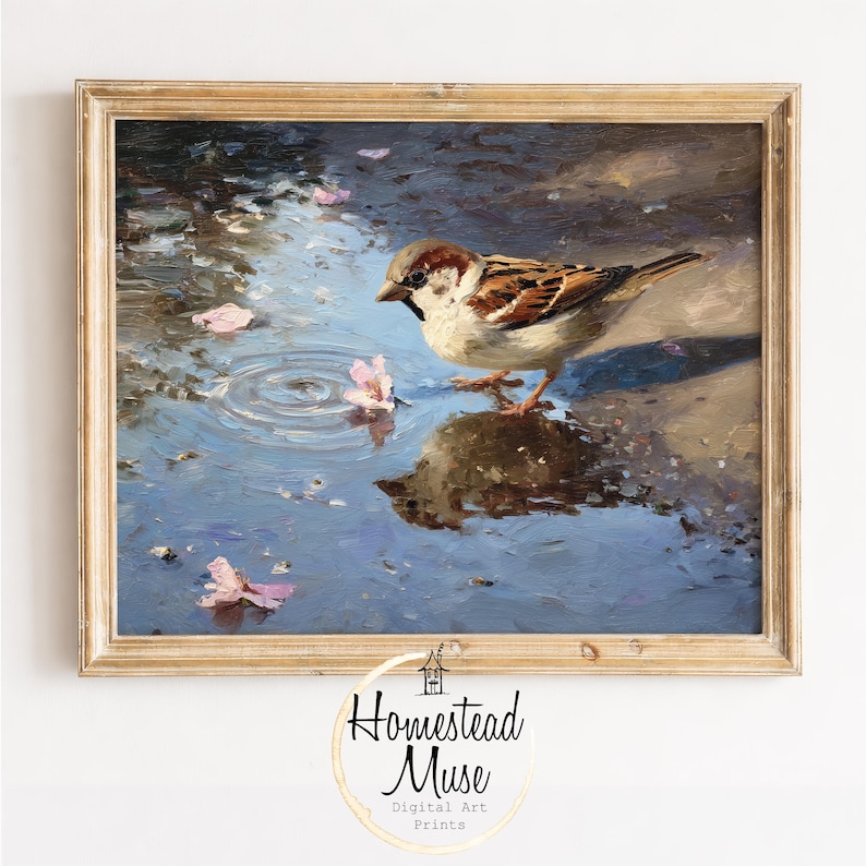 Sparrow by a Puddle Impressionistic Nature Scene Art (digital Download ...