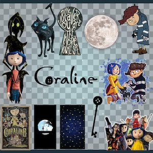 May include: A collection of Coraline-themed illustrations and graphics. Includes a black cat, a keyhole with text, a full moon, and character art. The word "Coraline" is written in a stylized font, along with a movie poster.