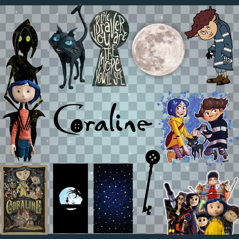 May include: A collection of Coraline-themed illustrations and graphics. Includes a black cat, a keyhole with text, a full moon, and character art. The word "Coraline" is written in a stylized font, along with a movie poster.