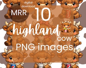 Highland Cow PNG Bundle | 10 Adorable Cows Drinking Soda (Digital Download)