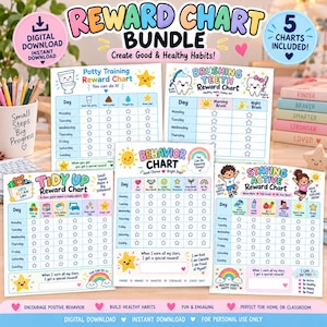 May include: A digital reward chart bundle featuring five colourful printable sheets for tracking habits like potty training, brushing teeth, tidying up, behaviour, and staying active, each with daily grids, star icons, and cheerful illustrations.