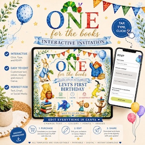 Interactive First Birthday Invitation | Storybook Theme, Editable Canva Template (Digital Download)