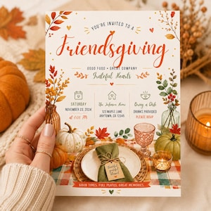 Plantilla de invitación para Friendsgiving / Invitación editable en Canva / Cena de Acción de Gracias / Descarga digital de otoño / MRR PLR