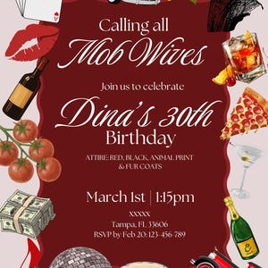 Modèle d'invitation d'anniversaire de femme de la foule, invitation de partie de mafia, invitation d'anniversaire de thème italien, modèle modifiable, téléchargement immédiat