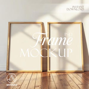 2 vertical frame mockups PSD - Modern wood mockup - Minimalist wall art mockup - Frame Mockup wood floor - Poster mockup with smart object