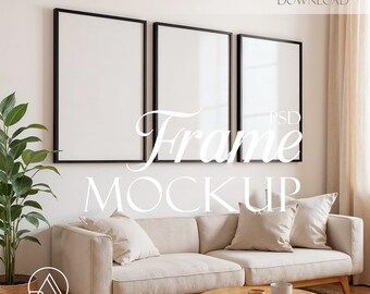 Könnte beinhalten: Drei schwarze, gerahmte, rechteckige Mockups hängen über einem beigen Sofa mit Kissen. Ein runder Holztisch und eine Topfpflanze befinden sich im Vordergrund. Der Text "Frame Mockup" ist über das Bild gelegt, mit "Instant Download" in der oberen rechten Ecke.