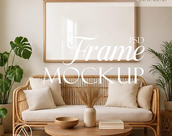 Horizontal Frame Mockup PSD Template, Wall Art Mockup with reflection in glass, PSD Photoshop, Smart Object, Poster Frame Mockup for Print