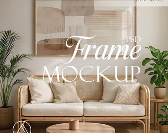 Horizontal Frame Mockup, Natural Light, Wall Art Mockup with reflection in glass, PSD Photoshop, Smart Object, Poster Frame Mockup for Print