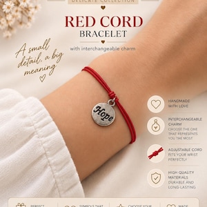 Puede incluir: Una pulsera de cordón rojo con un dije redondo de metal plateado grabado con la palabra Hope. La pulsera tiene un cierre de nudo ajustable. El texto en la imagen incluye Aloha Accessorize, Red Cord Bracelet y A small detail, a big meaning.