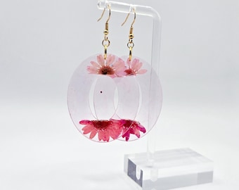 Pink Translucent Resin Drop Hoop Earrings with Pressed Wild Flowers | Lightweight & Nature-Inspired