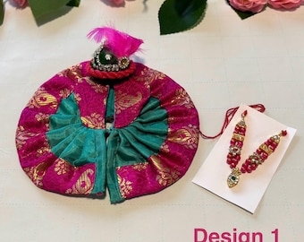Size 1 Ladoo Gopal Poshak: Krishna Idol Dress, Mukut, Mala (2.20 inch)