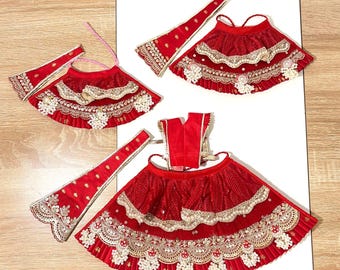 Size 2-6 Durga Maa Lehenga Patka Set: Kundan Jewelry, Mala