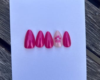 Pink Floral Press On Nails | Short Almond Nails | Flower Accent Nail Design | Pink Chrome Blooming Gel Nails