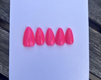Barbie Pink Press On Nails | Vibrant Neon Almond Nails | Handmade Reusable Nail Set | Summer Statement Nails | Stripe Summer Nails