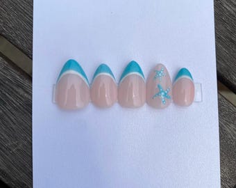 Turquoise Starfish French Tip Press-On Nails – Ocean-Inspired Hand-Painted Starfish, Beach Vacation Summer Nails, Reusable & Durable