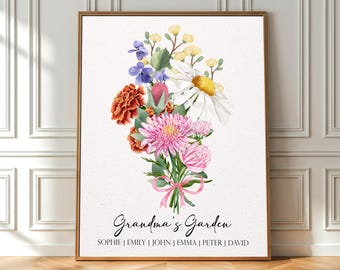Mother's Day Gift Birth Flower Family Bouquet Print Personalized Gift For Mom Custom Floral Wall Art Grandmas Garden Poster Grandparent Gift