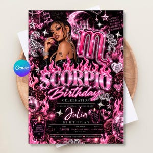 Scorpio Birthday Invitation Template Editable Canva Zodiac Party Invite Pink Glam Celebration Astrology Printable